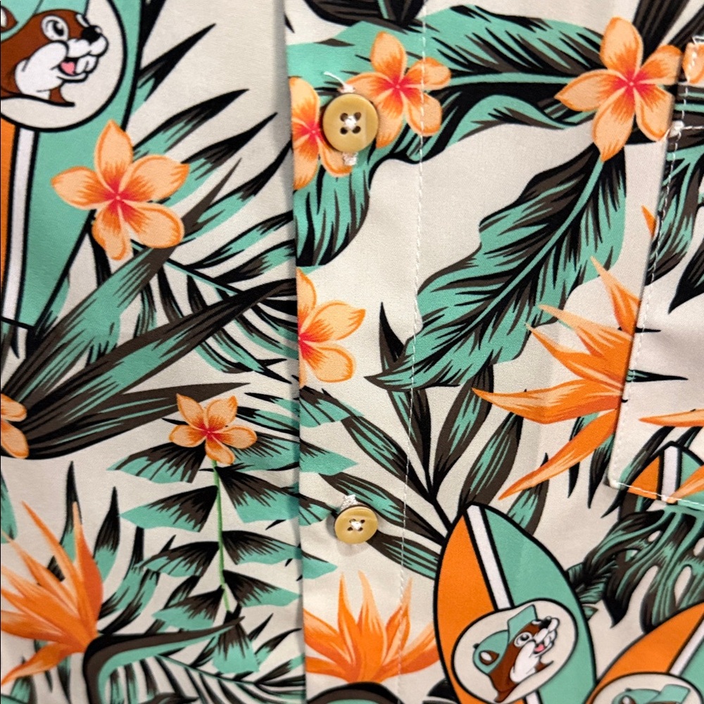 Buc-ee’s Men's Short-Sleeve Tropical Button-Down Shirt - Orange & Teal 2X - Picture 6 of 6